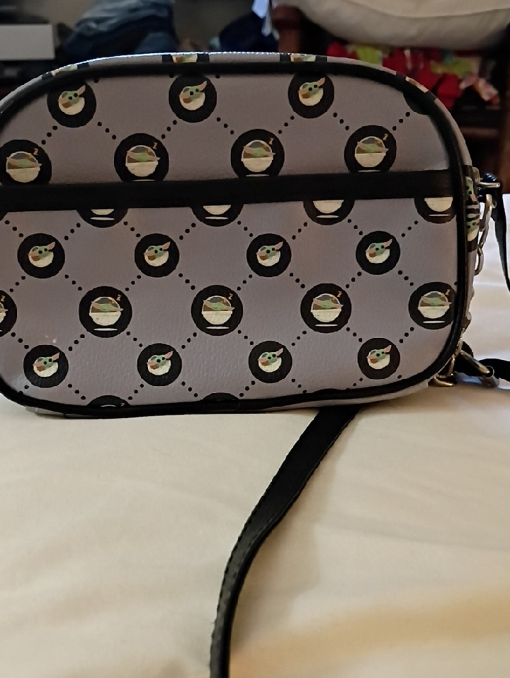 Gray Patterned Crossbody Bag with Character Motif